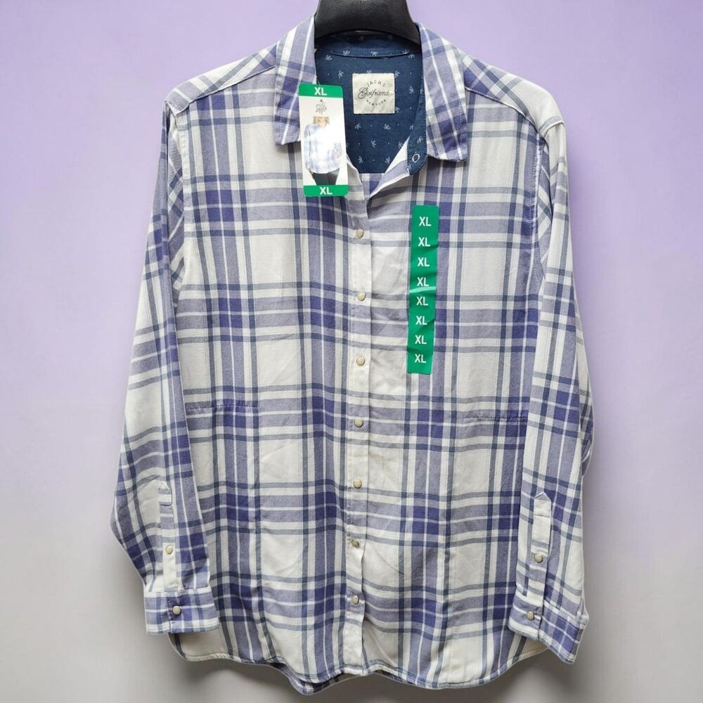 Jachs Girlfriend Flannel Shirt Womens XL Plaid Mother of Pearl Snaps Cabincore